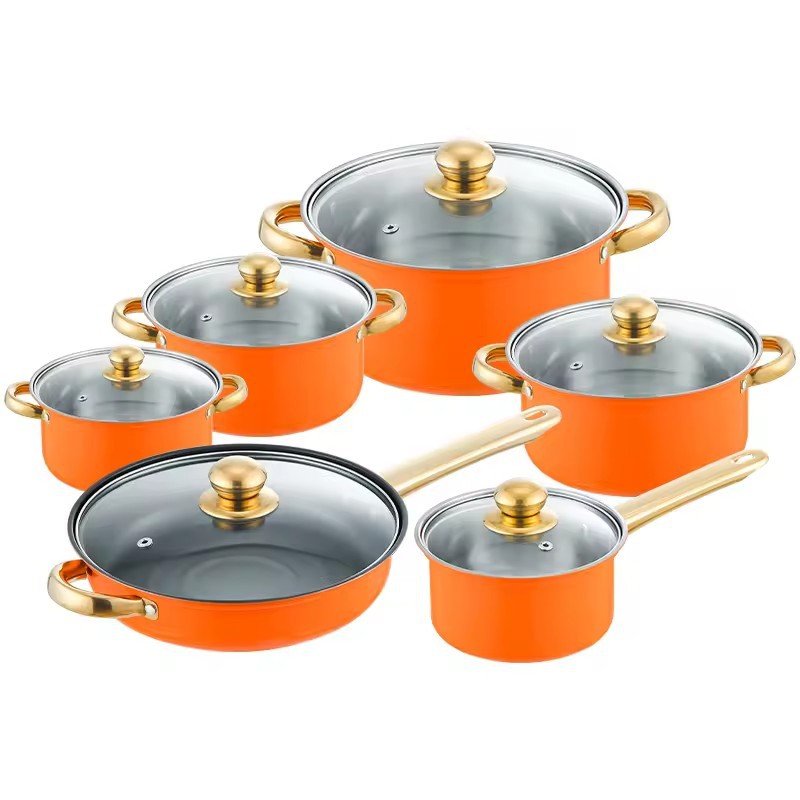 12pcs Prestige Luxury Non-Stick Cookware Set High Quality Kitchen Ware with Handle American Style Metal Cooking Utensil Pot Set