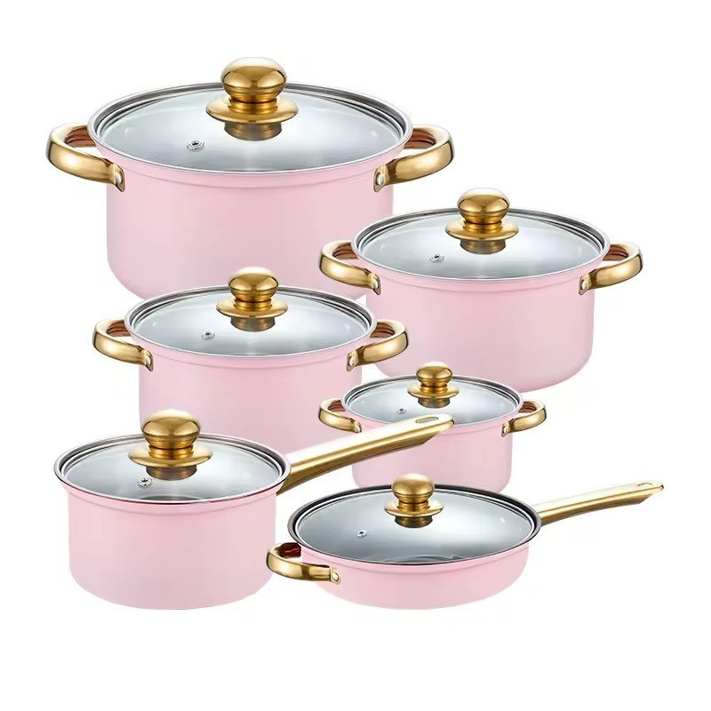 12pcs Prestige Luxury Non-Stick Cookware Set High Quality Kitchen Ware with Handle American Style Metal Cooking Utensil Pot Set
