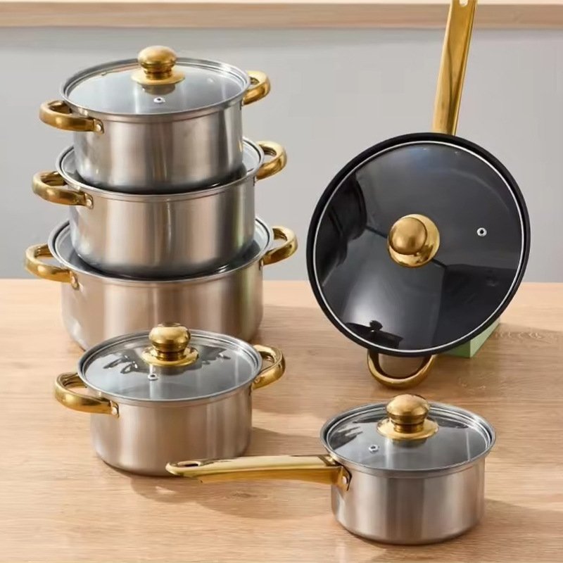 12pcs Prestige Luxury Non-Stick Cookware Set High Quality Kitchen Ware with Handle American Style Metal Cooking Utensil Pot Set