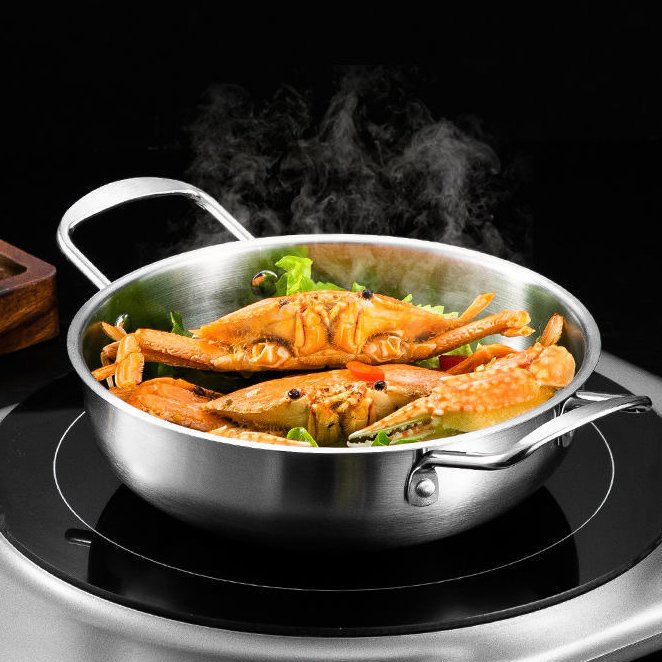 Luxury Cast Iron Korean Stainless Steel Wok Double-Ear Fry Pan Non-Stick Gold Outdoor Hot Pot Commercial Metal Cookware Sets
