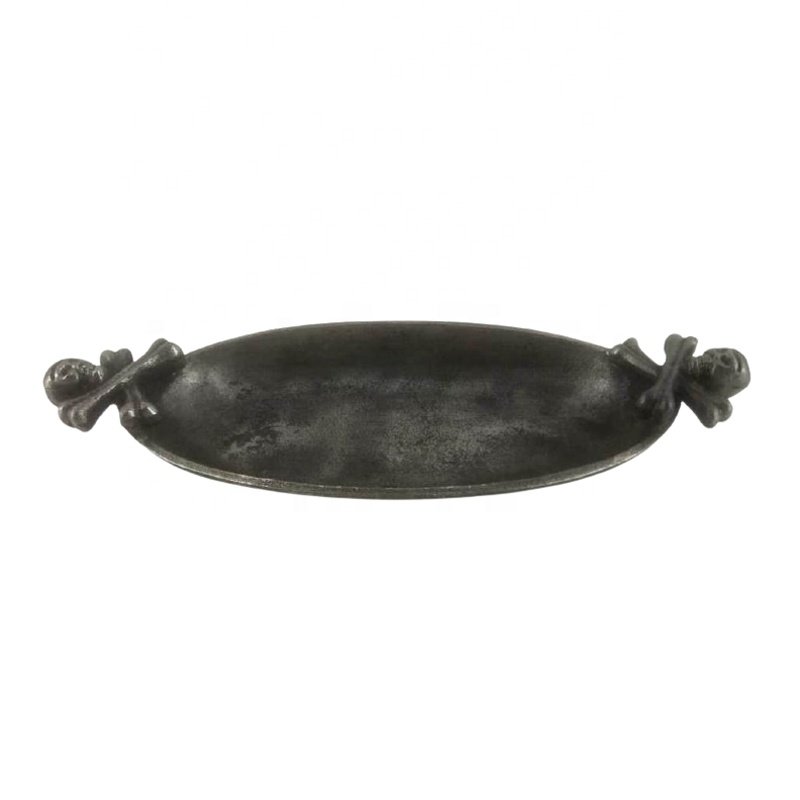 Hot Selling Aluminum Serving Dish With Skeleton Head Handle Black & Gold Colour Platter For Decorative And Dinnerware