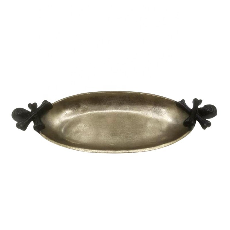 Hot Selling Aluminum Serving Dish With Skeleton Head Handle Black & Gold Colour Platter For Decorative And Dinnerware