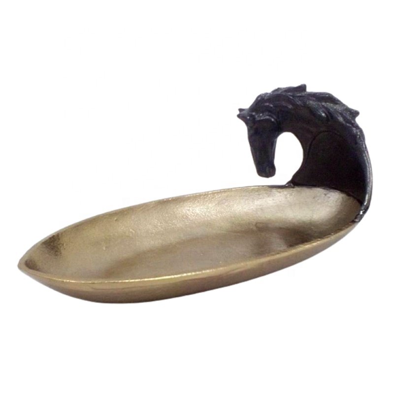 Hot Selling Aluminum Serving Dish With Skeleton Head Handle Black & Gold Colour Platter For Decorative And Dinnerware
