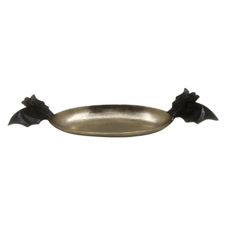 Hot Selling Aluminum Serving Dish With Skeleton Head Handle Black & Gold Colour Platter For Decorative And Dinnerware