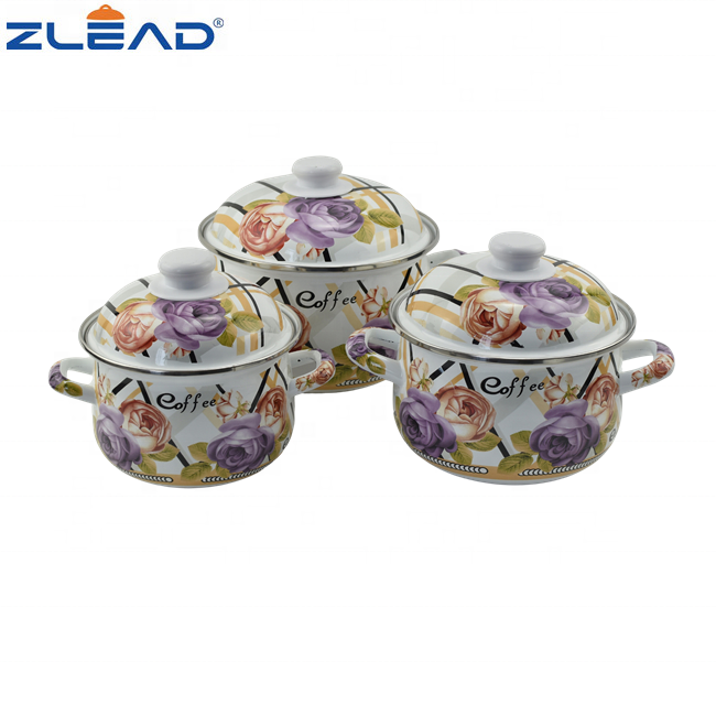 18-26CM Red Enamel Casseroles Enamel Cookware Set WIth Full Flowers