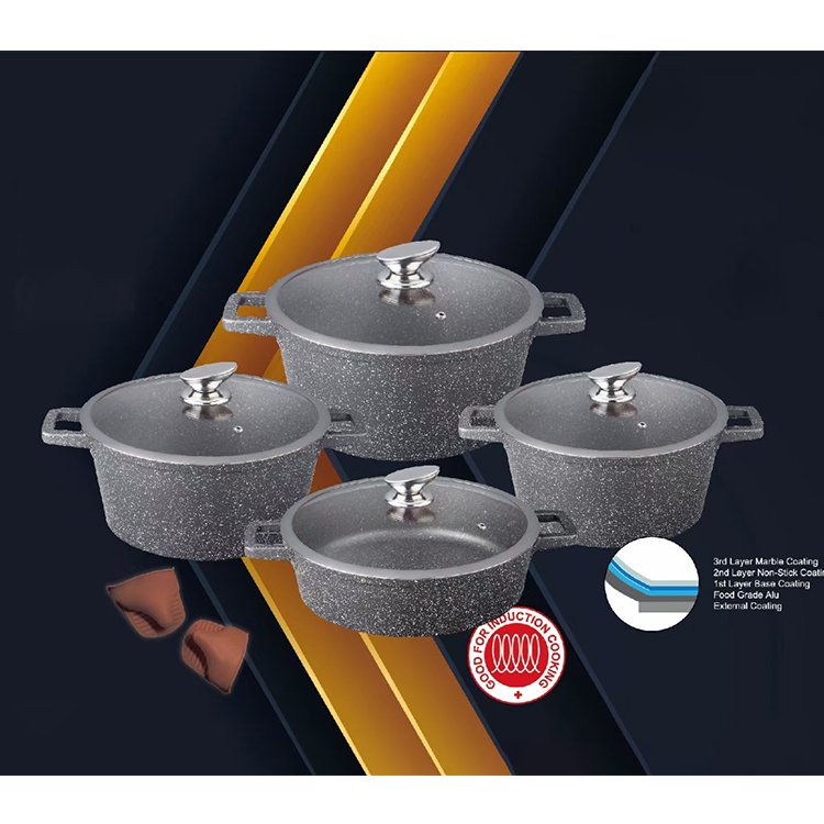High Quality Kitchen 10 Piece Die Casting Aluminum Marble Non-stick Coating Cooking Pot Cookware Sets