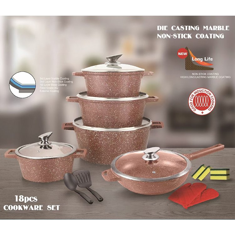 High Quality Kitchen 10 Piece Die Casting Aluminum Marble Non-stick Coating Cooking Pot Cookware Sets