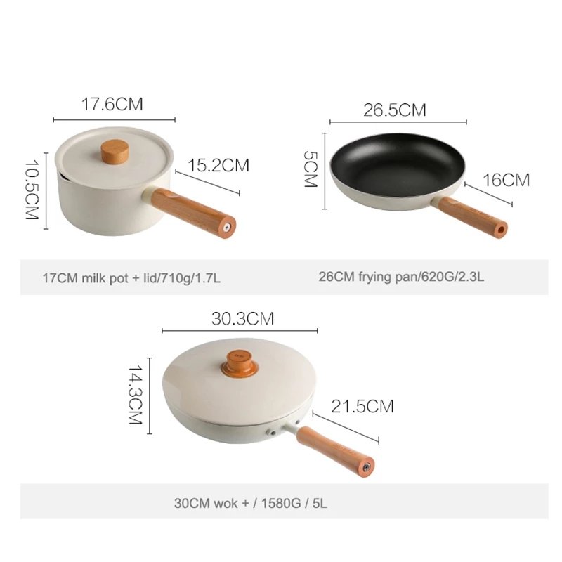 Non-Stick Cooking Wok Set Whit Lid Thickened Kitchen Soup Pot Flat-Bottomed Milk Pan Wooden Handle Pot Cookware Sets