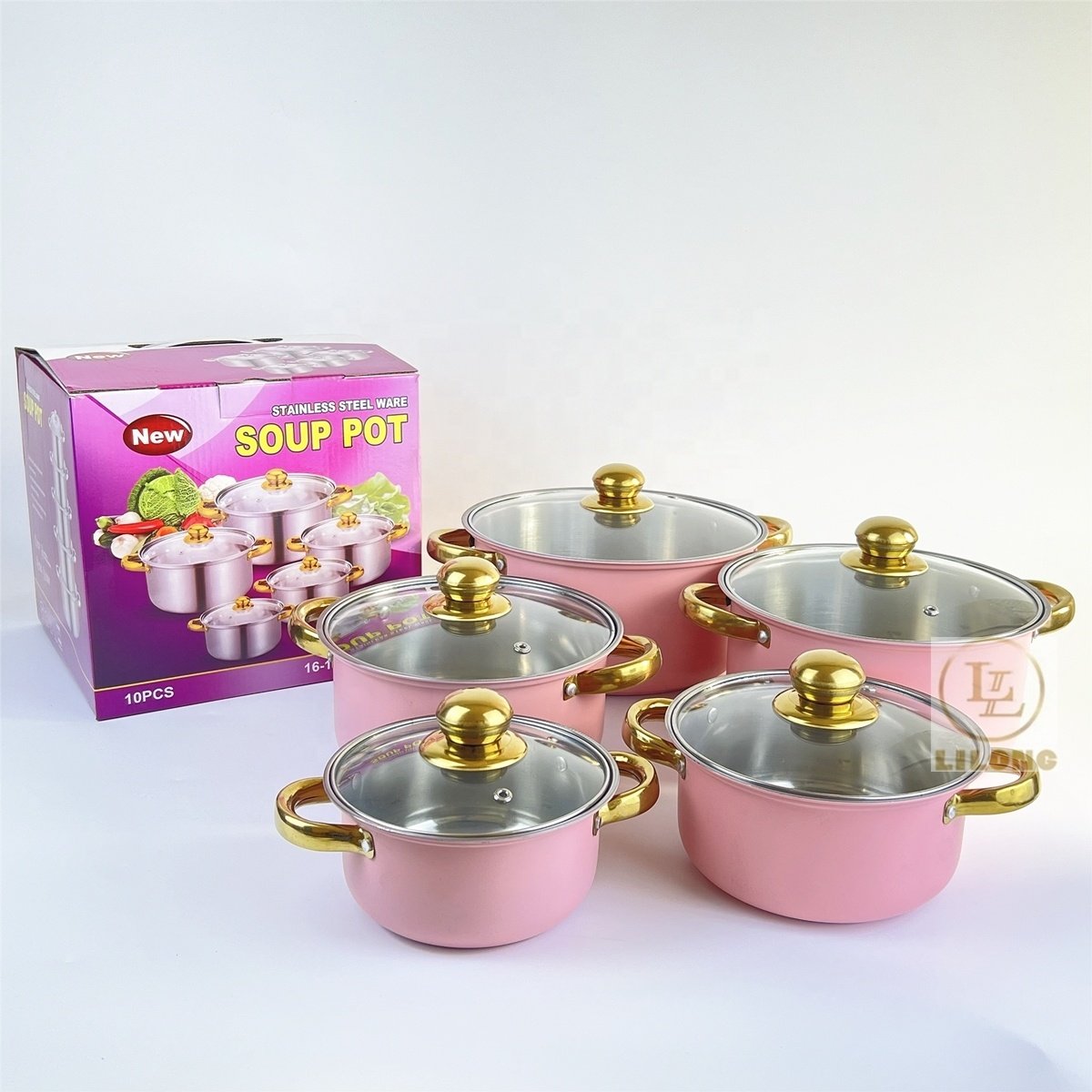 Wholesale Stainless Steel Cooking Pots 10Pc Set Golden Handle Kitchenware Cookware Set Stock Pot With Glass Lid