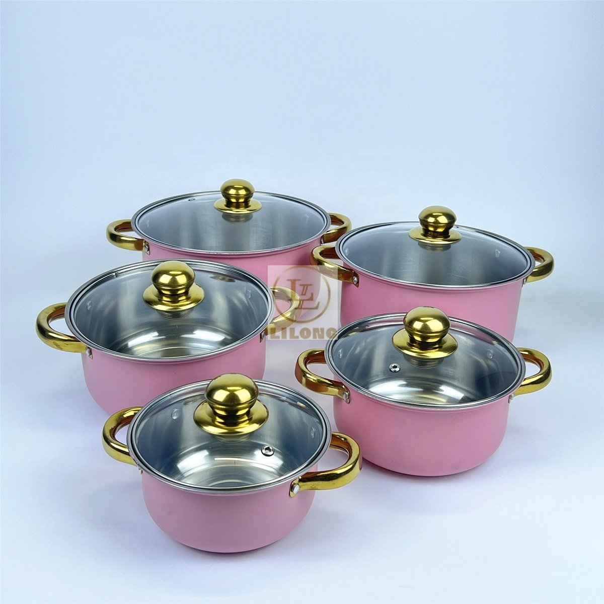Wholesale Stainless Steel Cooking Pots 10Pc Set Golden Handle Kitchenware Cookware Set Stock Pot With Glass Lid