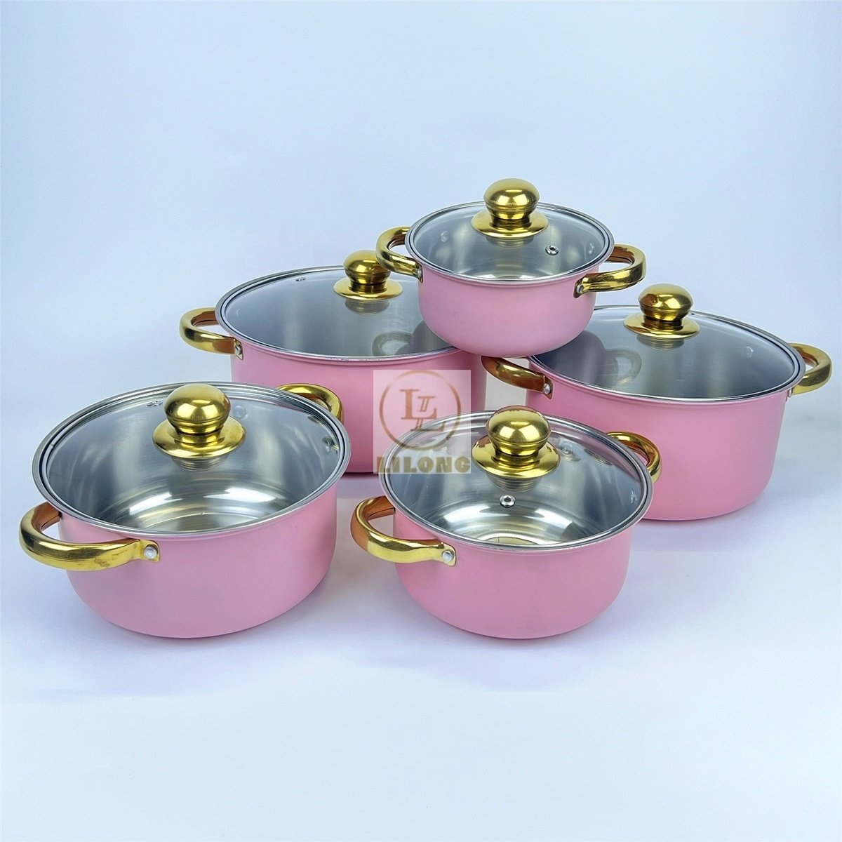 Wholesale Stainless Steel Cooking Pots 10Pc Set Golden Handle Kitchenware Cookware Set Stock Pot With Glass Lid