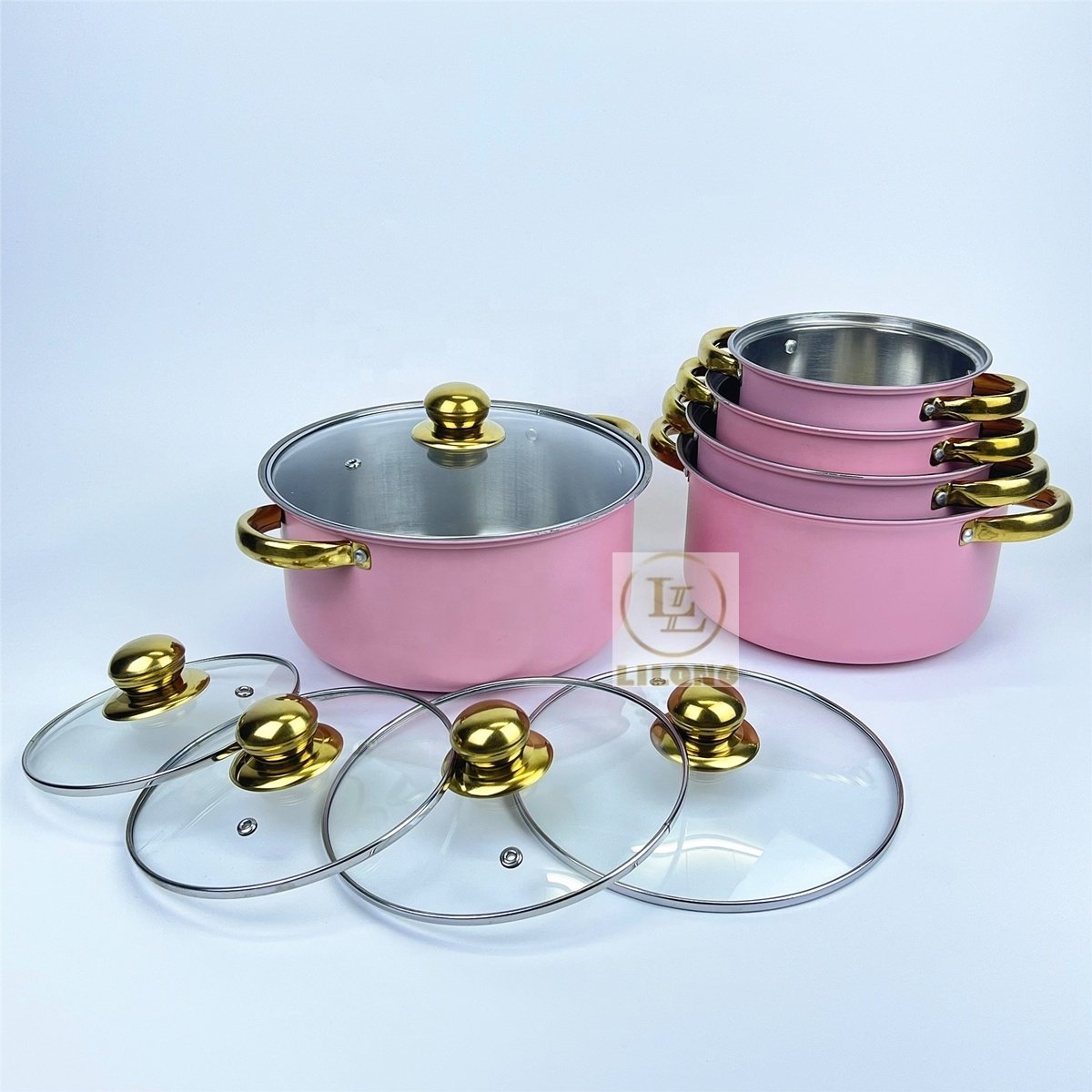Wholesale Stainless Steel Cooking Pots 10Pc Set Golden Handle Kitchenware Cookware Set Stock Pot With Glass Lid