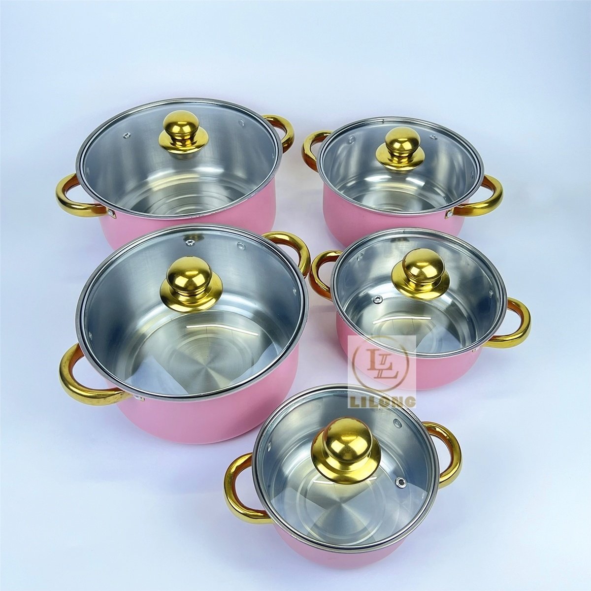 Wholesale Stainless Steel Cooking Pots 10Pc Set Golden Handle Kitchenware Cookware Set Stock Pot With Glass Lid