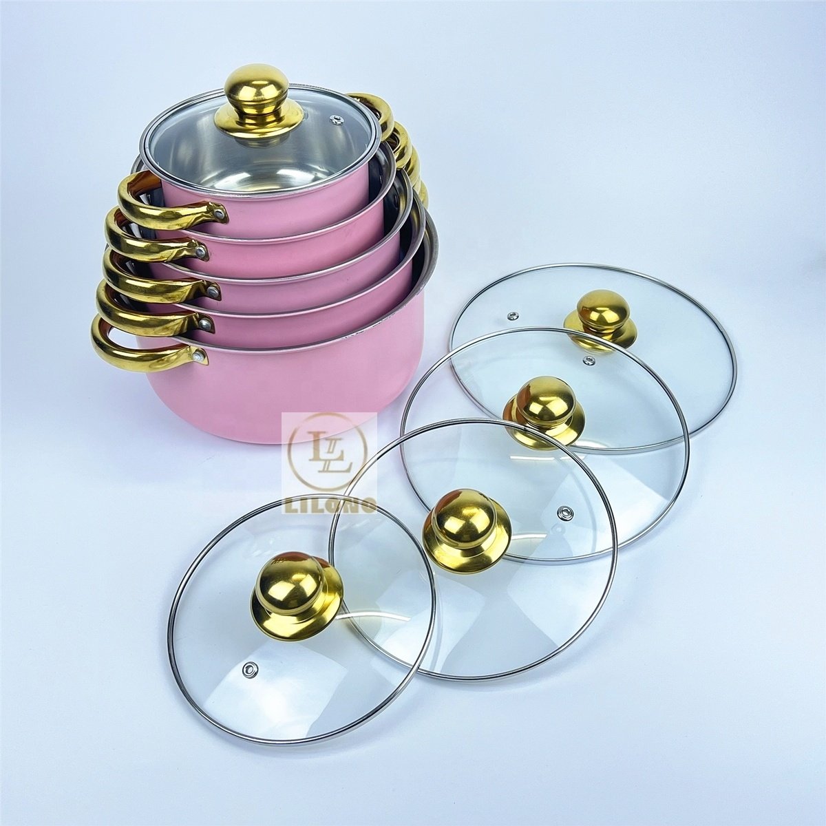 Wholesale Stainless Steel Cooking Pots 10Pc Set Golden Handle Kitchenware Cookware Set Stock Pot With Glass Lid