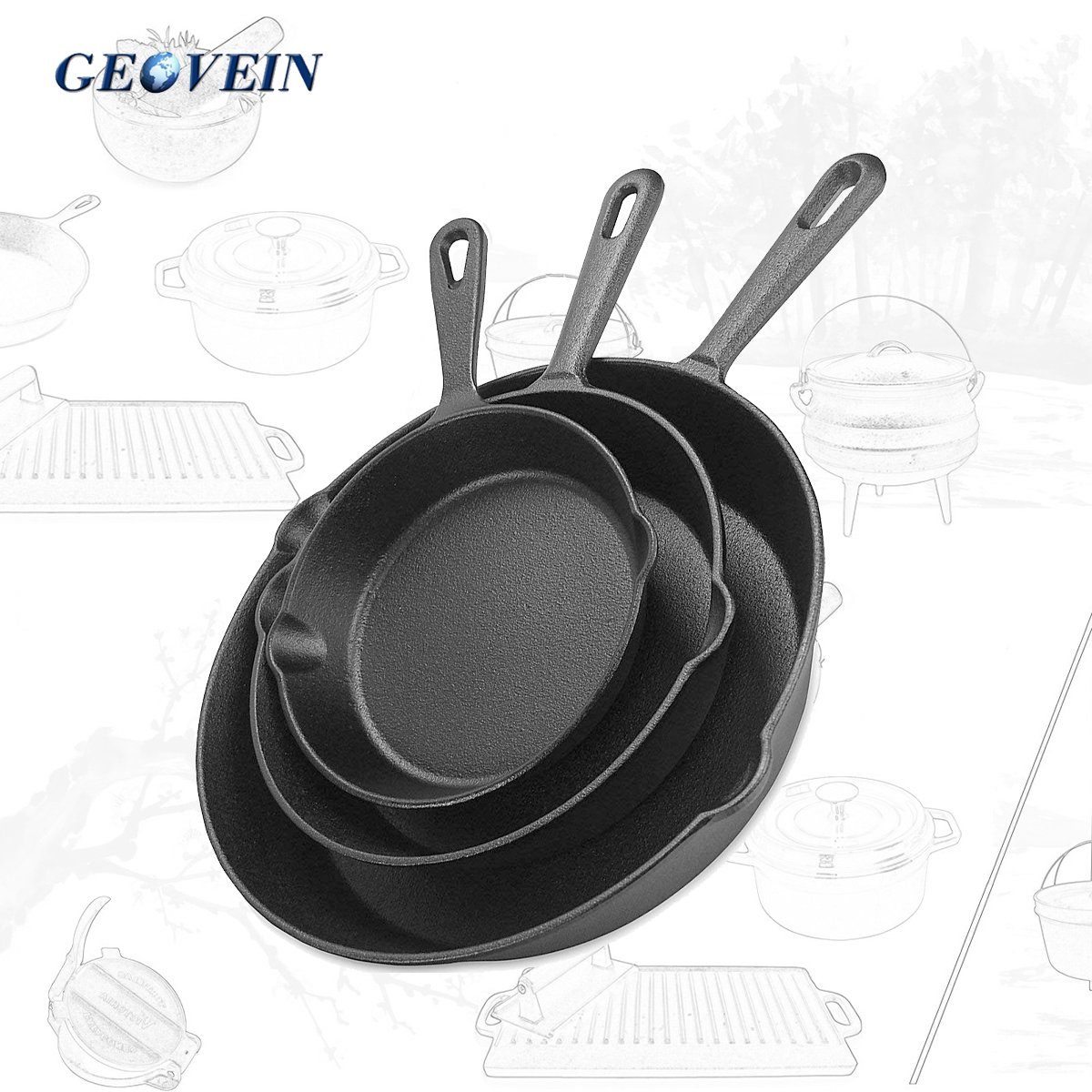 Pre-seasoned Cast Iron 3 Piece Skillet Set Fry Pans Cookware Pots