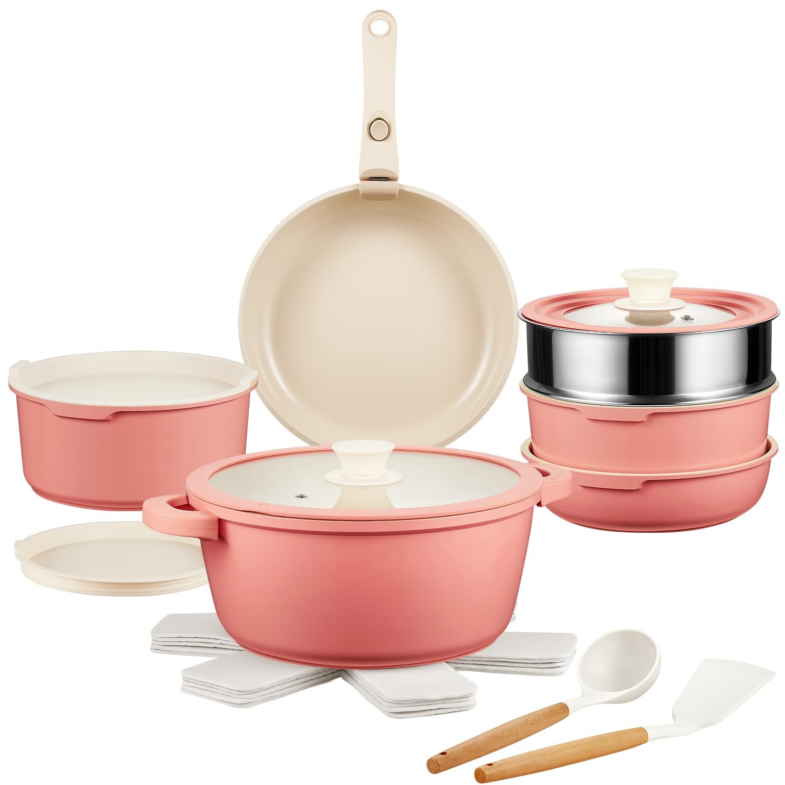 Ceramic Pots and Pans Set Non Stick Pink 20 Pcs Nonstick Cookware Set with Detachable Handle RV Camping Induction Kitchen