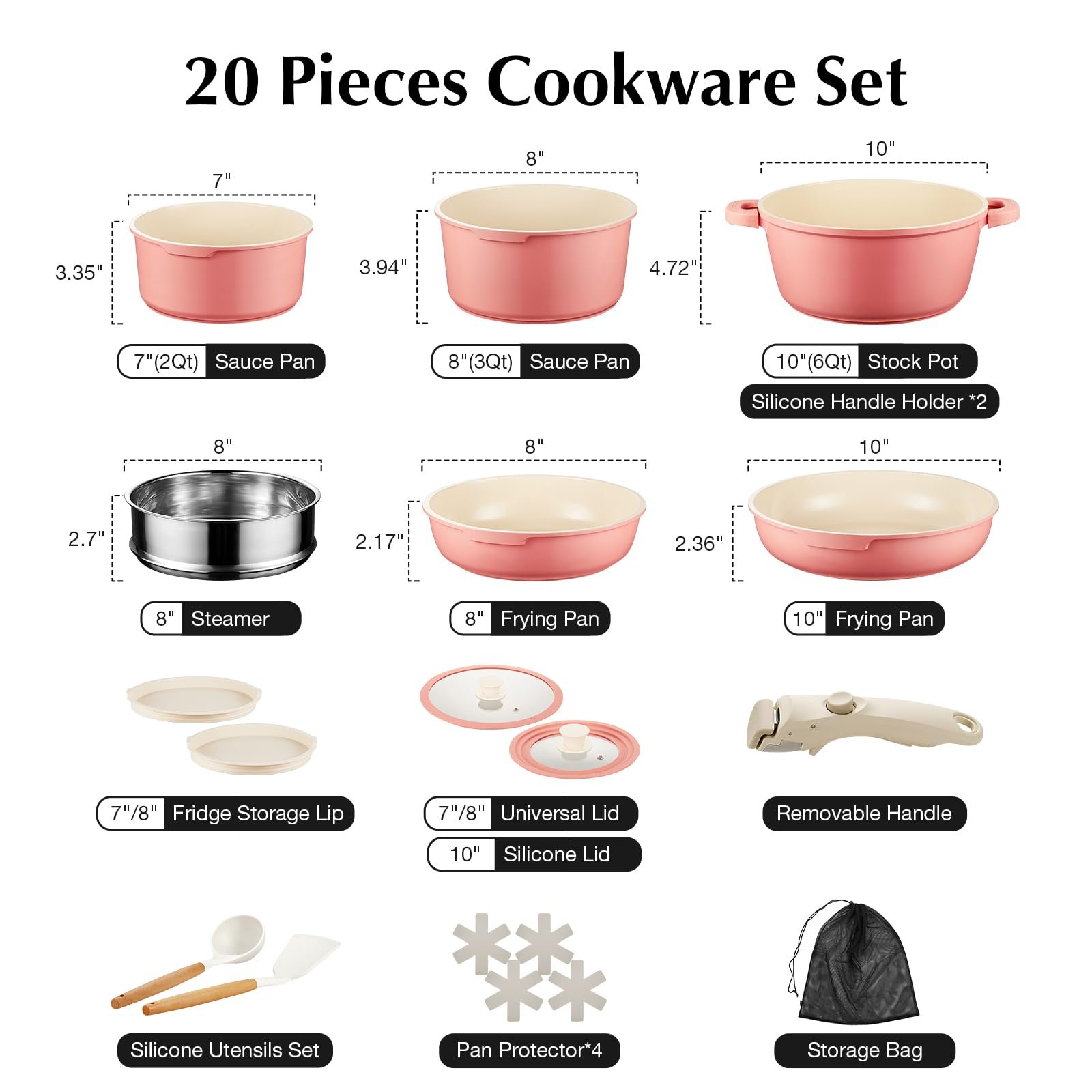 Ceramic Pots and Pans Set Non Stick Pink 20 Pcs Nonstick Cookware Set with Detachable Handle RV Camping Induction Kitchen