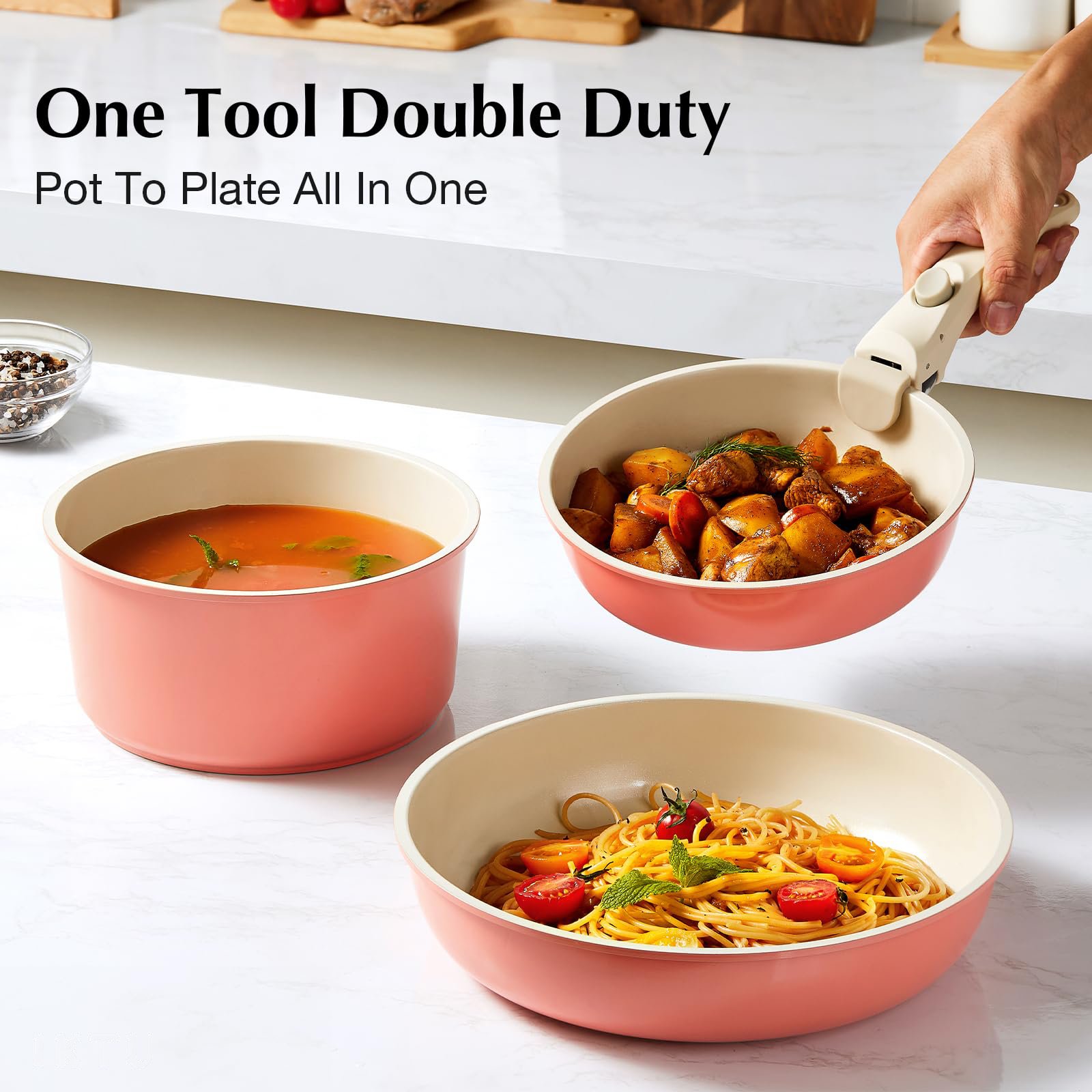 Ceramic Pots and Pans Set Non Stick Pink 20 Pcs Nonstick Cookware Set with Detachable Handle RV Camping Induction Kitchen