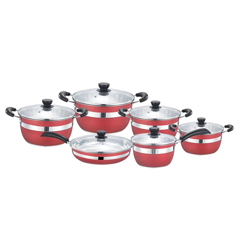 12 PCS Double Bottom Pot Set With Black Handle Periuk Cookware Set Red Cookware Sets Low Moq