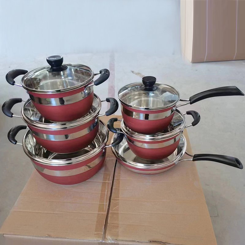 12 PCS Double Bottom Pot Set With Black Handle Periuk Cookware Set Red Cookware Sets Low Moq