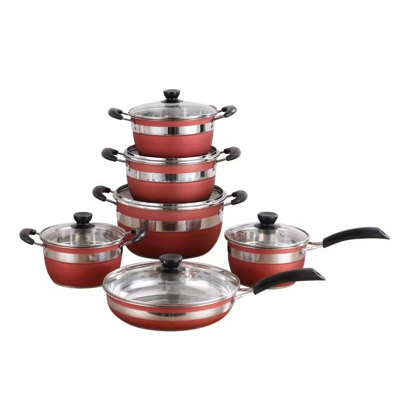 12 PCS Double Bottom Pot Set With Black Handle Periuk Cookware Set Red Cookware Sets Low Moq