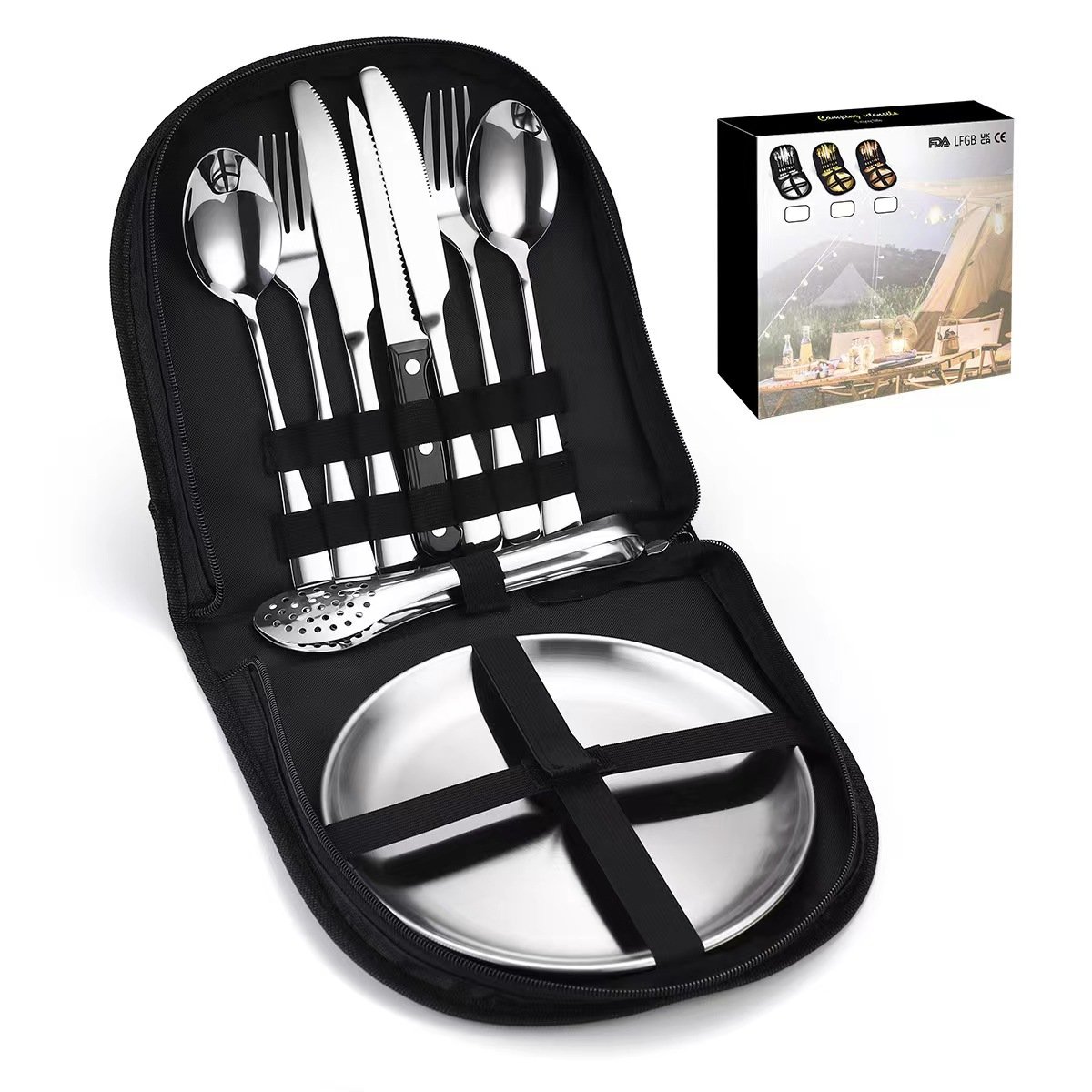 10/20pcs Camping Dinnerware Set Outdoor 2/4 person Hiking Portable Stainless Steel Gold Picnic Tableware Cutlery Sets with bag