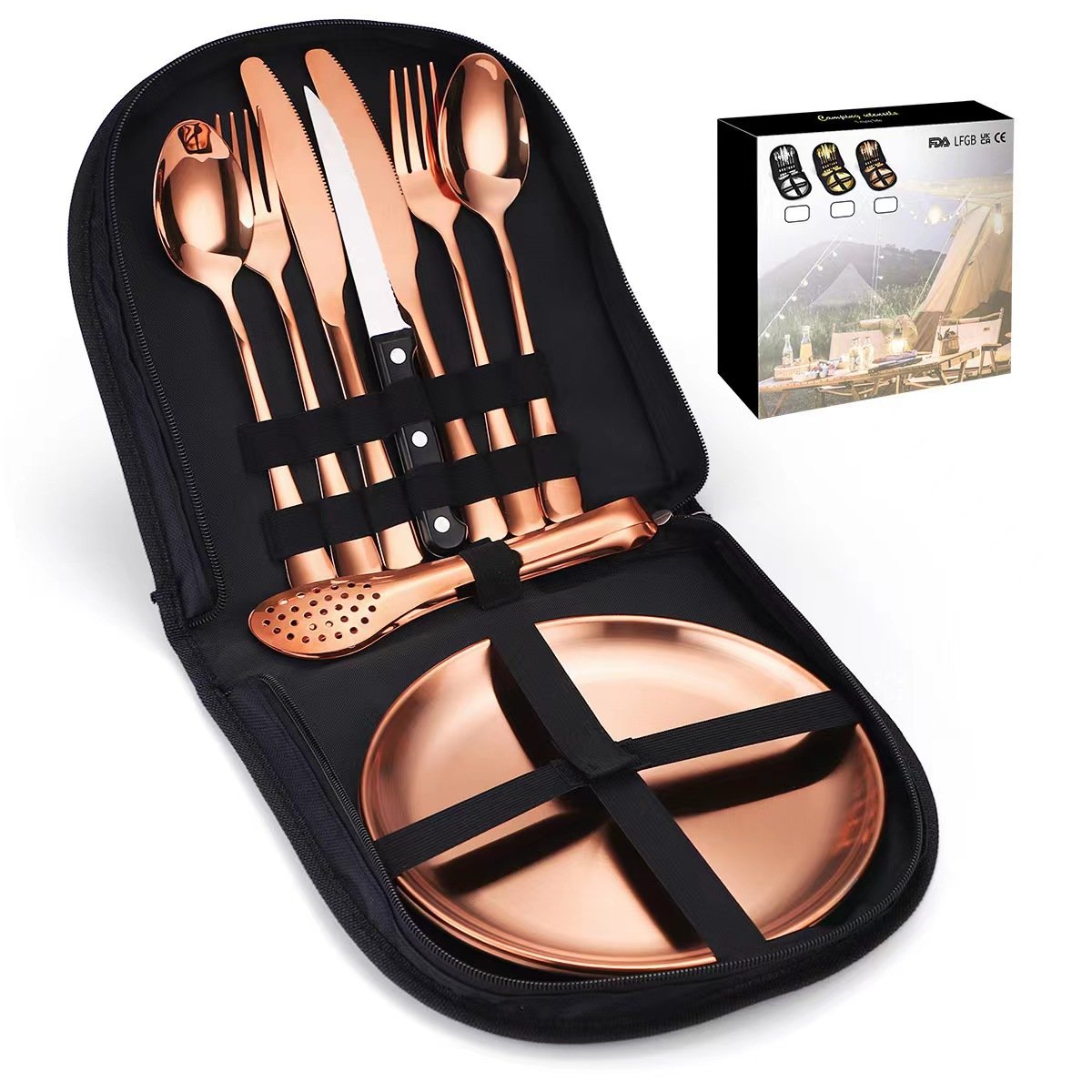 10/20pcs Camping Dinnerware Set Outdoor 2/4 person Hiking Portable Stainless Steel Gold Picnic Tableware Cutlery Sets with bag