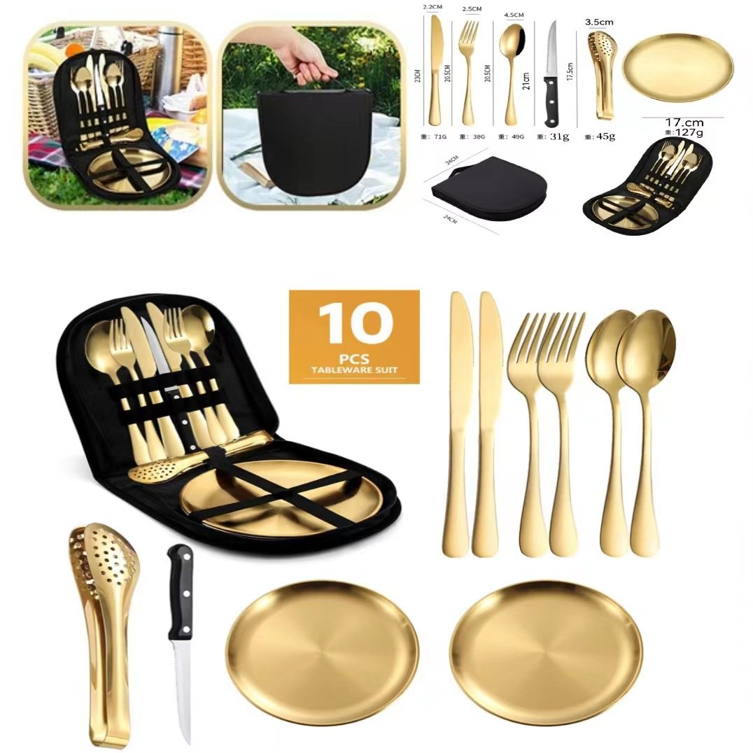 10/20pcs Camping Dinnerware Set Outdoor 2/4 person Hiking Portable Stainless Steel Gold Picnic Tableware Cutlery Sets with bag