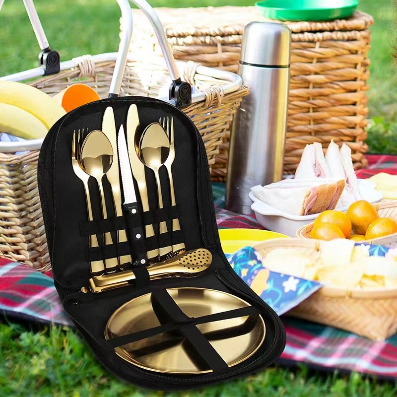 10/20pcs Camping Dinnerware Set Outdoor 2/4 person Hiking Portable Stainless Steel Gold Picnic Tableware Cutlery Sets with bag