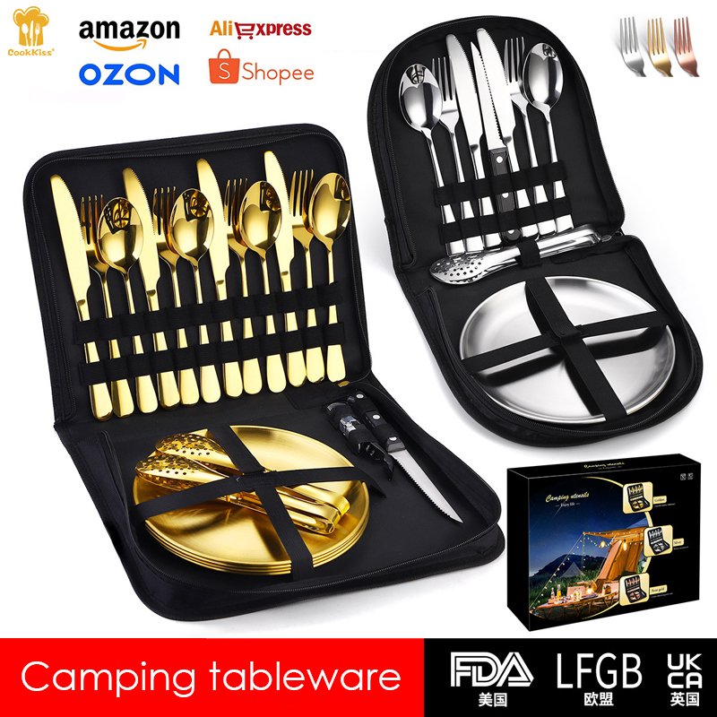10/20pcs Camping Dinnerware Set Outdoor 2/4 person Hiking Portable Stainless Steel Gold Picnic Tableware Cutlery Sets with bag