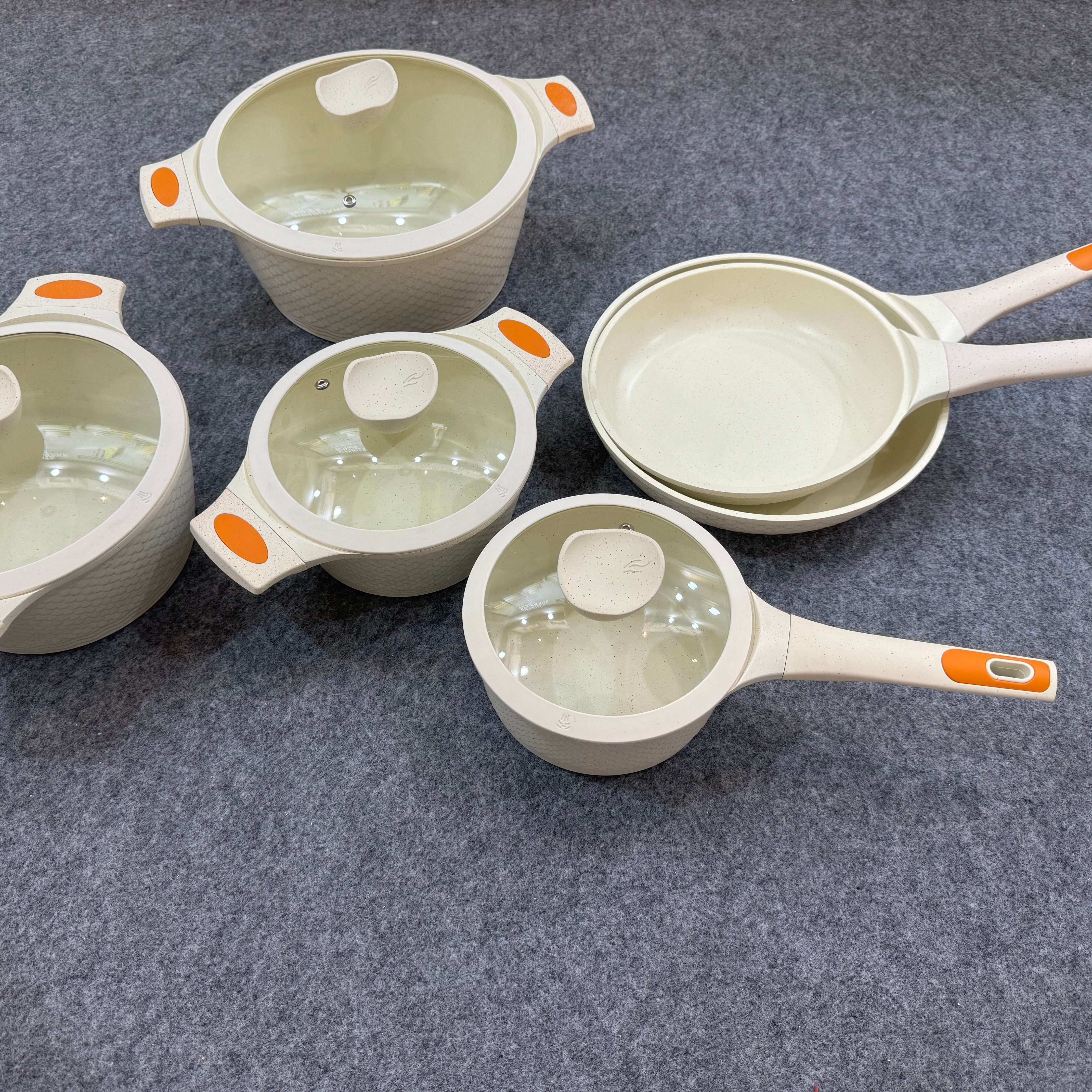 Factory Direct Kitchen Die Cast Aluminum Marble Coated Non Stick Fish scale pattern on surface Cookware Sets