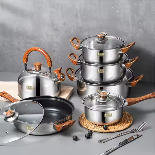 12pcs Non-Stick Cookware Set Double Bottom Stainless Steel Cooking Pot Frying Pan for Gas Stove New Condition Kitchen Usage