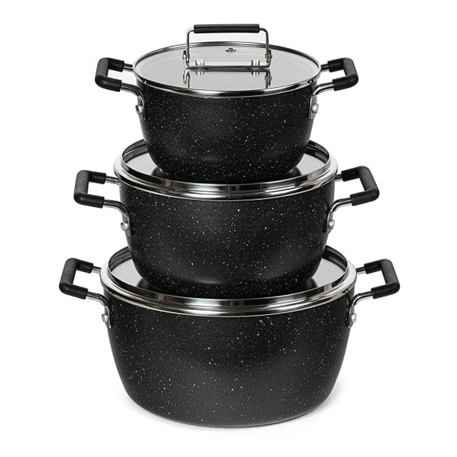 Non Stick Coating Noodle Pot 6'' 8'' 9.5'' Casseroles Cooking Pot Set Aluminum 6 Pcs Granite Stone with Double Handle Glass Lid