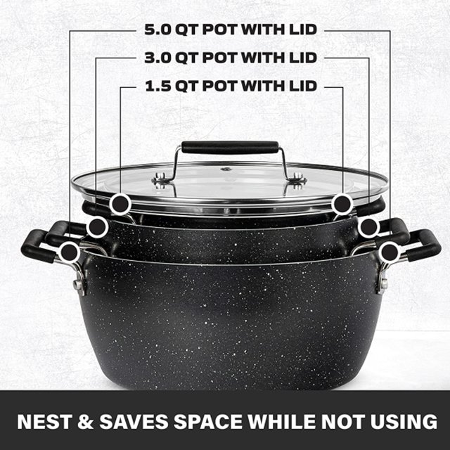 Non Stick Coating Noodle Pot 6'' 8'' 9.5'' Casseroles Cooking Pot Set Aluminum 6 Pcs Granite Stone with Double Handle Glass Lid