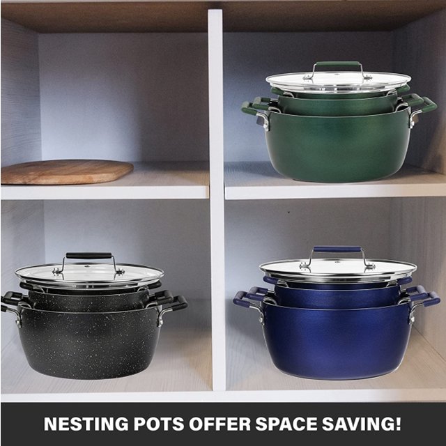 Non Stick Coating Noodle Pot 6'' 8'' 9.5'' Casseroles Cooking Pot Set Aluminum 6 Pcs Granite Stone with Double Handle Glass Lid