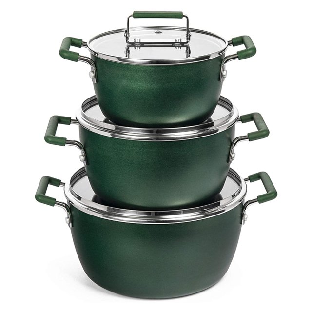 Non Stick Coating Noodle Pot 6'' 8'' 9.5'' Casseroles Cooking Pot Set Aluminum 6 Pcs Granite Stone with Double Handle Glass Lid