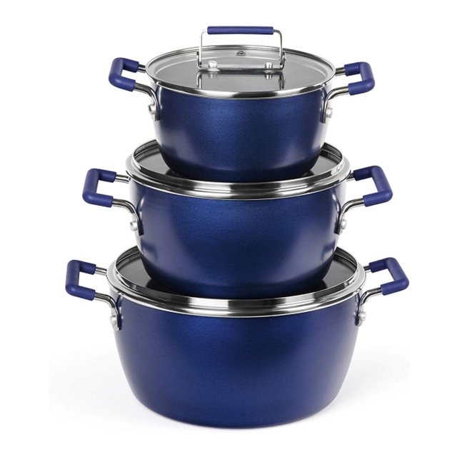 Non Stick Coating Noodle Pot 6'' 8'' 9.5'' Casseroles Cooking Pot Set Aluminum 6 Pcs Granite Stone with Double Handle Glass Lid