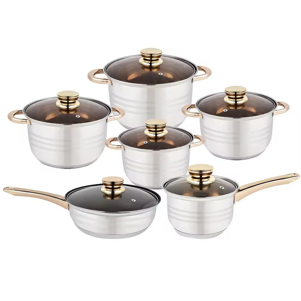 Manufacturer Wholesale 12pcs American Stainless Steel Gold Capsulated Cooking Pots Pans Induction Nonstick Kitchen Cookware Sets