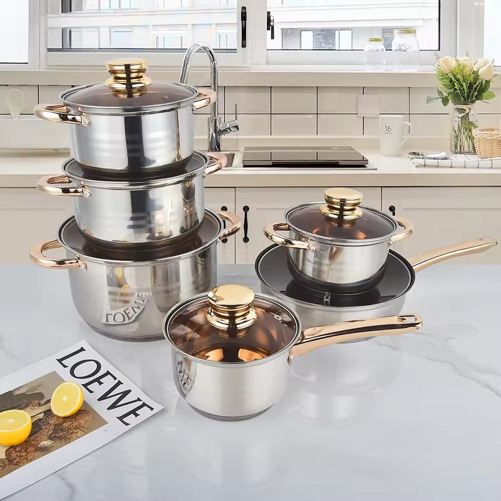 Manufacturer Wholesale 12pcs American Stainless Steel Gold Capsulated Cooking Pots Pans Induction Nonstick Kitchen Cookware Sets