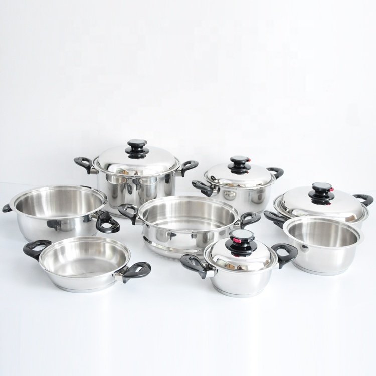 Waterless greaseless cookware Surgical stainless steel 304 cookware set 16pcs pot and pan wide rolled edge