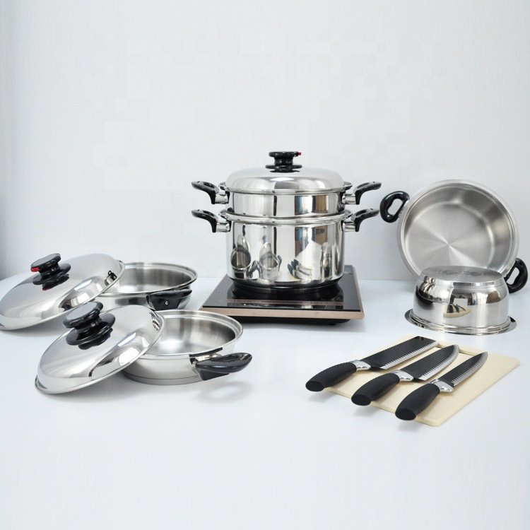 Waterless greaseless cookware Surgical stainless steel 304 cookware set 16pcs pot and pan wide rolled edge