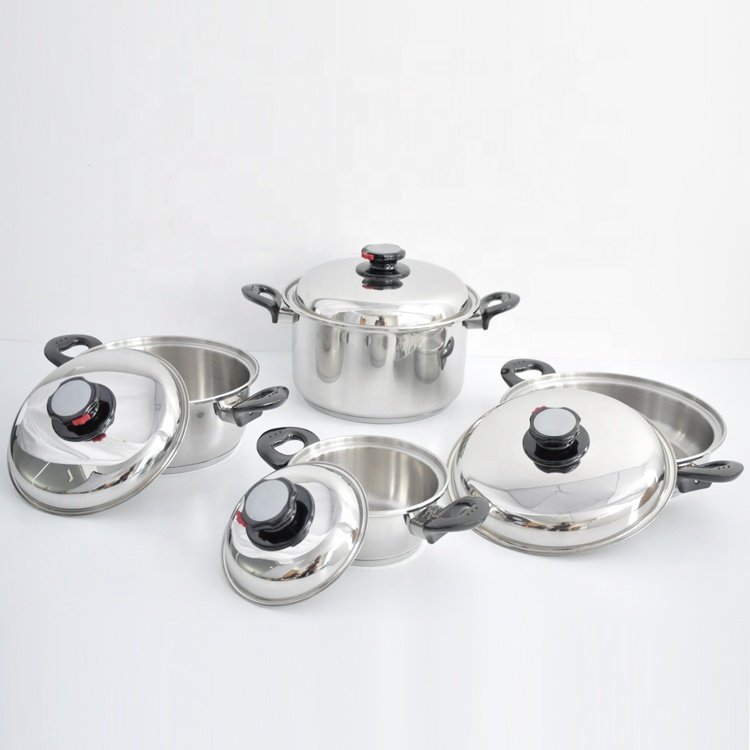 Waterless greaseless cookware Surgical stainless steel 304 cookware set 16pcs pot and pan wide rolled edge