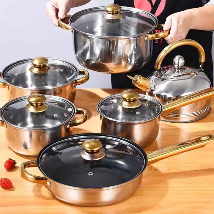 12-Piece Stainless Steel Kitchen Cooking Pots Pans Set Non-Stick Cookware Sustainable Features Stocked Metal Kettle Pots