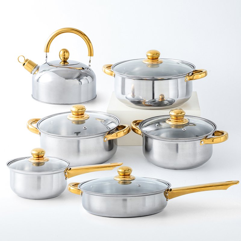 12-Piece Stainless Steel Kitchen Cooking Pots Pans Set Non-Stick Cookware Sustainable Features Stocked Metal Kettle Pots