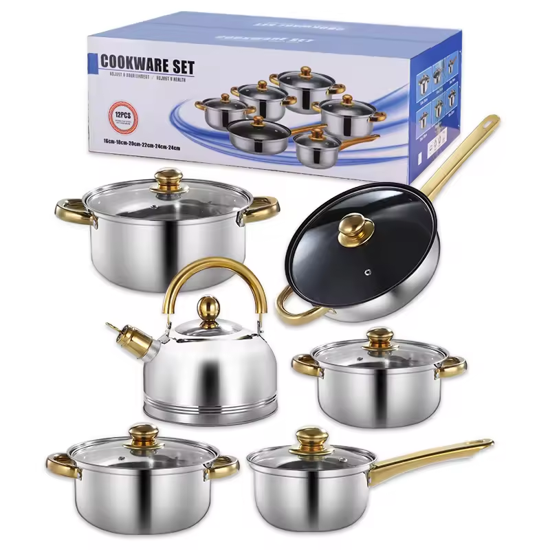12-Piece Stainless Steel Kitchen Cooking Pots Pans Set Non-Stick Cookware Sustainable Features Stocked Metal Kettle Pots