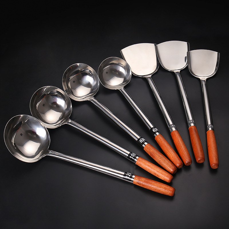 Stainless Steel Wood Kitchen Hotel Metal Turner Spatula Skimmer Ladle Soup Spoon Strainer Restaurant Cooking Dining Utensils Set