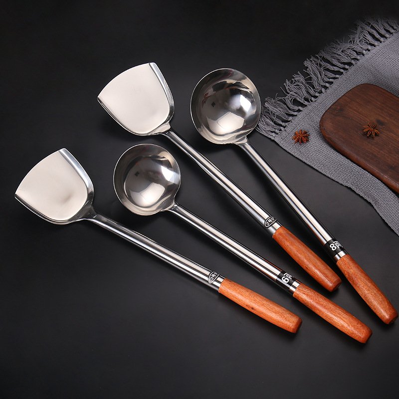 Stainless Steel Wood Kitchen Hotel Metal Turner Spatula Skimmer Ladle Soup Spoon Strainer Restaurant Cooking Dining Utensils Set