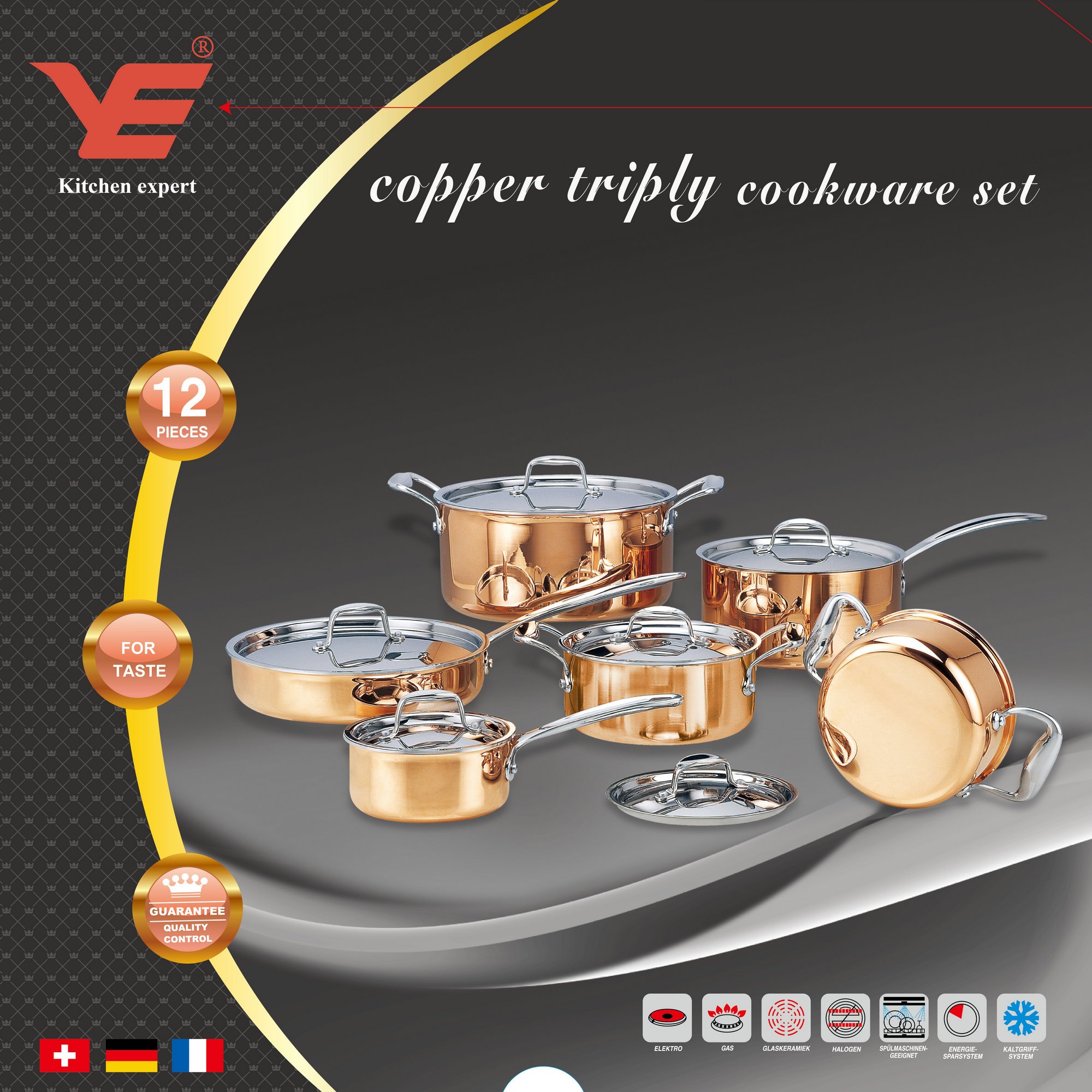 small MOQ 12pcs Triply copper cookware luxury cookware set cooking pot stainless cookware set