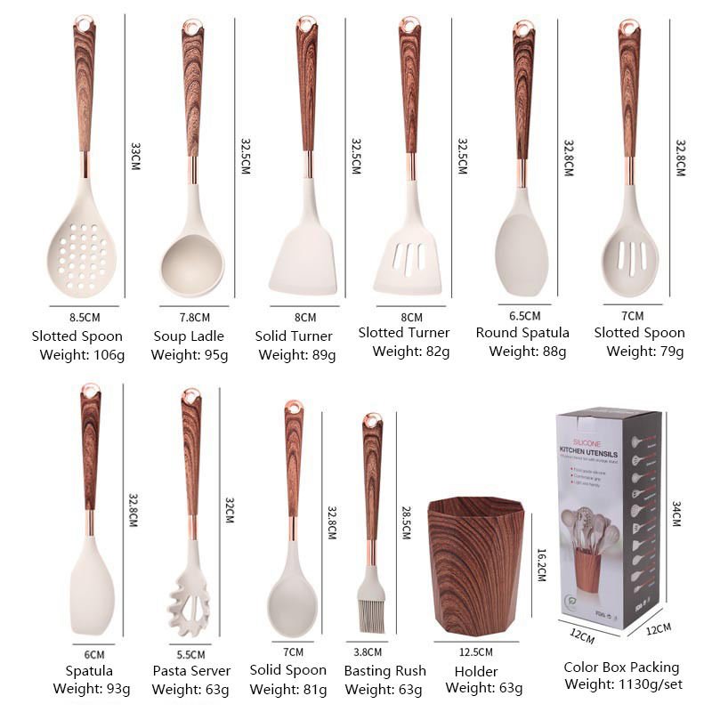 11pcs Set Spoon Spatula Non-Stick Cookware Tools Wood Storage Bucket Kitchen Silicone Cookware Set with Wooden Handle