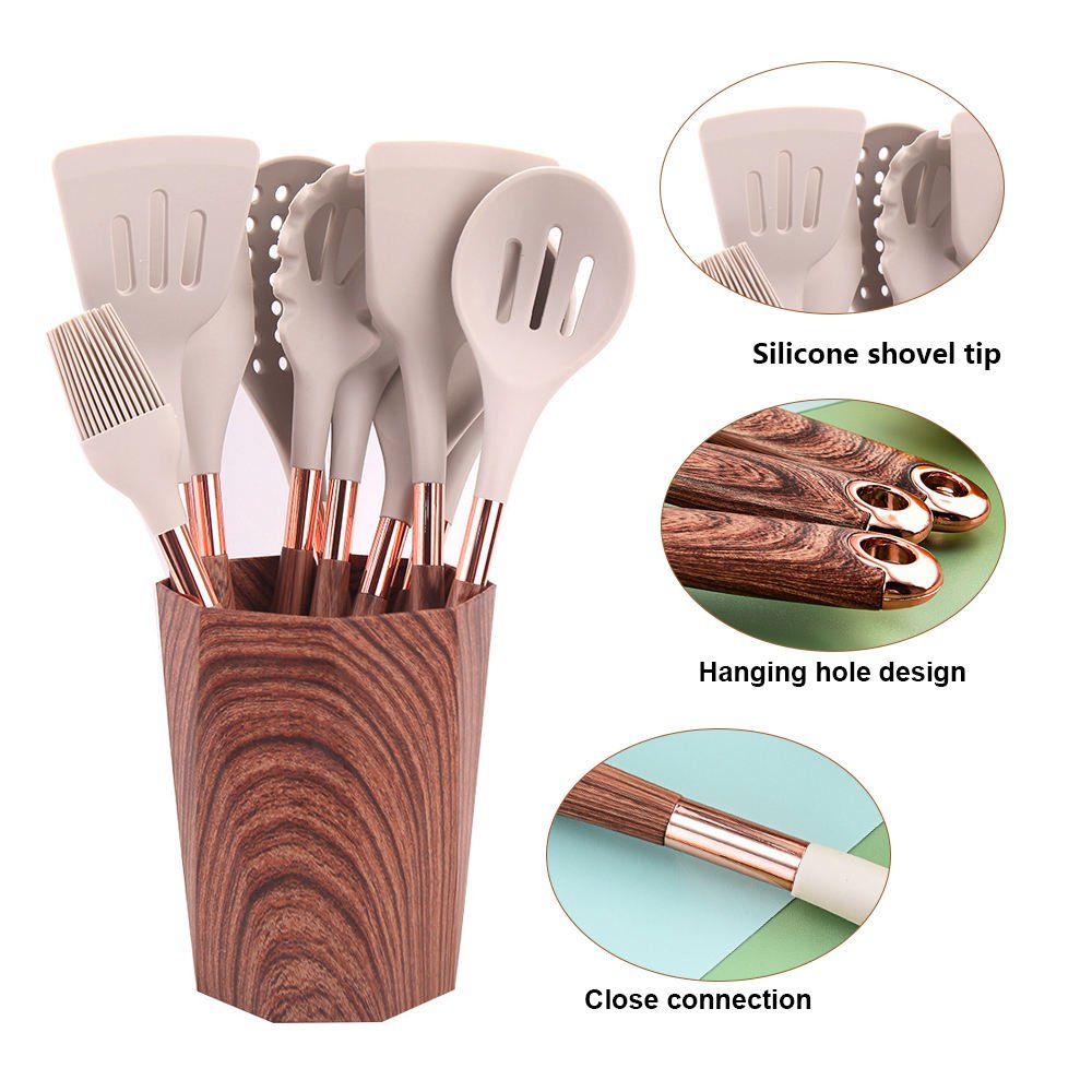 11pcs Set Spoon Spatula Non-Stick Cookware Tools Wood Storage Bucket Kitchen Silicone Cookware Set with Wooden Handle